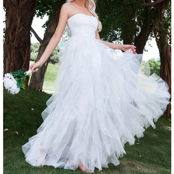 Luxe Tube Mesh Layered Flowy Party Formal Wedding Dress - Picture 9 of 12